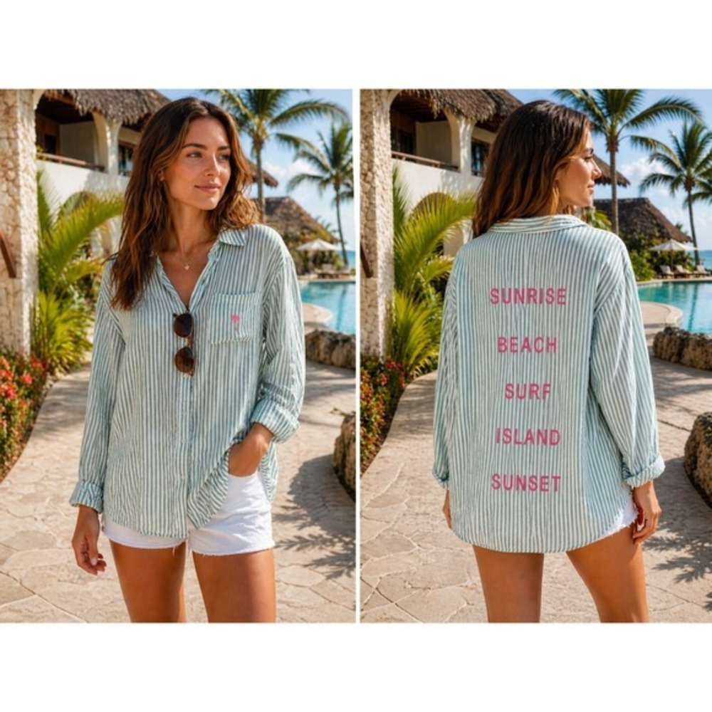 NWT Vintage Havana Stripe Sunrise Beach Surf Island Sunset Button Down Shirt M